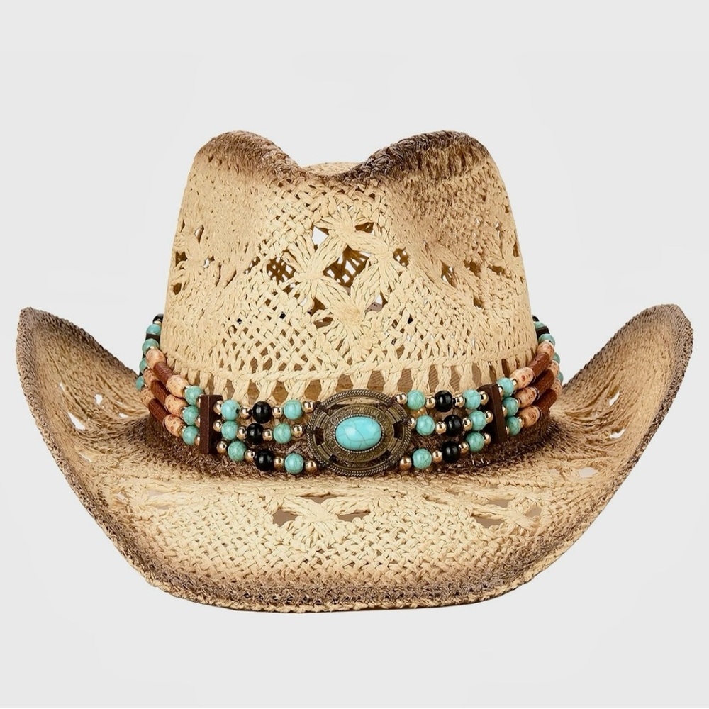 Natural Straw Cowboy Hat with Turquoise Bead Band - Picture 2 of 3